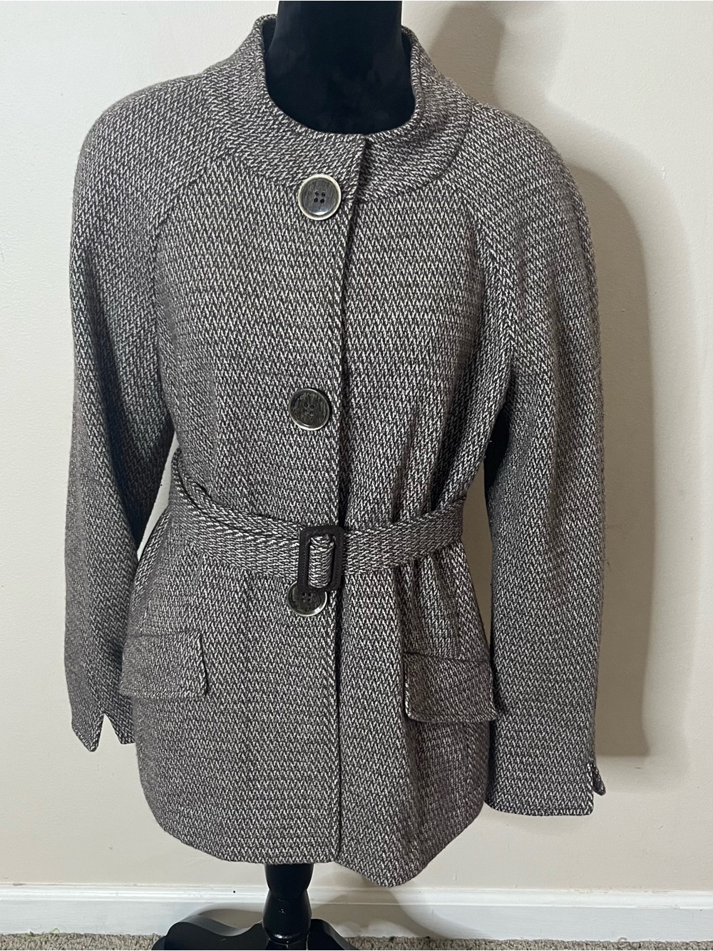 Lafayette 148 New York Women’s Brown Tweed Belted Wool Coat Sz 14